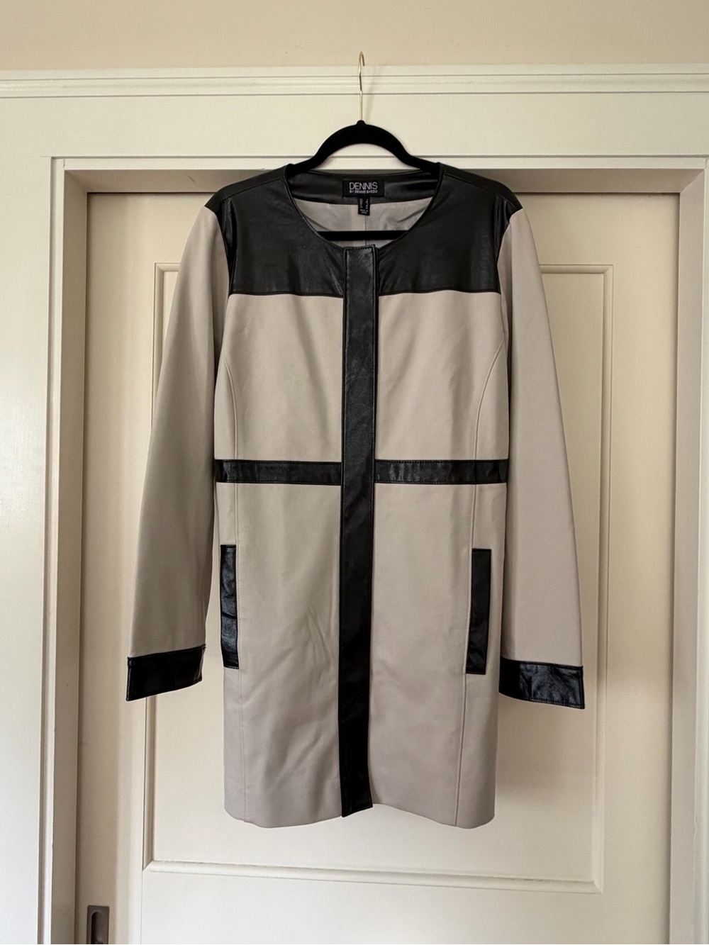 Dennis Basso Ponte Topper Jacket, Stone with Black Patent Faux Leather Trim, L